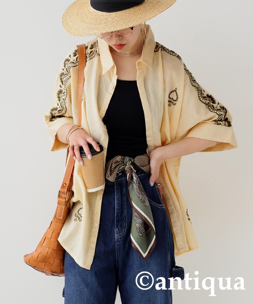 antiqua(アンティカ)の「インド綿 刺繍シャツ(シャツ/ブラウス・レディース・ブラック/ベージュ・ONESIZE)」の1枚目の写真