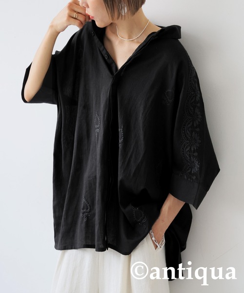 antiqua(アンティカ)の「インド綿 刺繍シャツ(シャツ/ブラウス・レディース・ブラック/ベージュ・ONESIZE)」の2枚目の写真