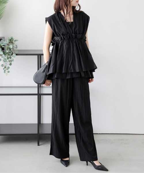 ペプラムギャザートップス+パンツ セットアップ（セットアップ