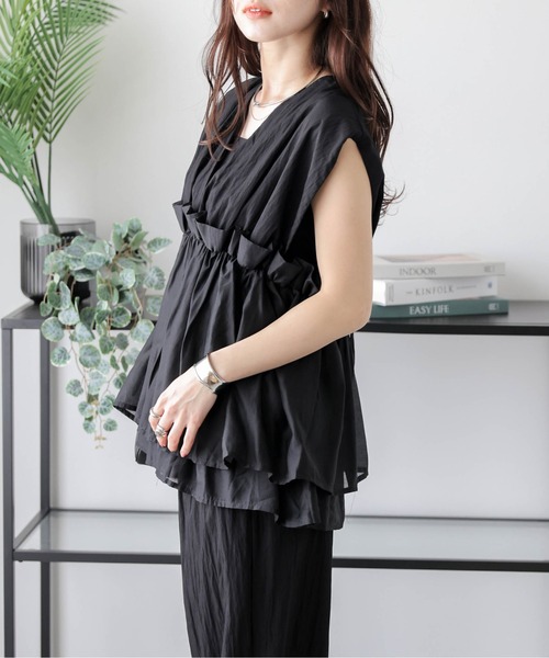 AMELY（エミリー）の「ペプラムギャザートップス+パンツ セットアップ（セットアップ・レディース・ブラック/ベージュ/イエロー/ホワイト・フリー）」の6枚目の写真