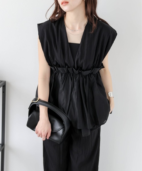 セール】ペプラムギャザートップス+パンツ セットアップ（セットアップ