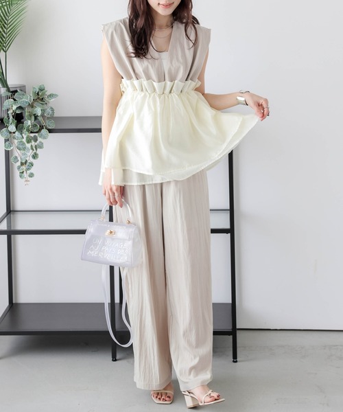 セール】ペプラムギャザートップス+パンツ セットアップ（セットアップ