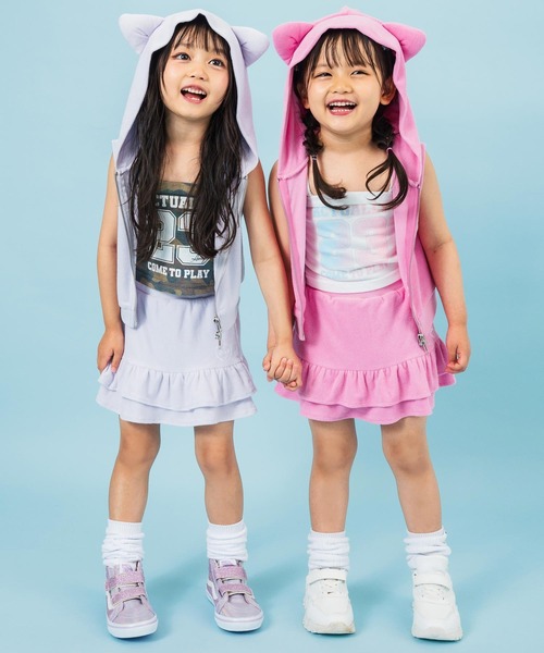 セール】パイルネコ耳ノースリーブフーディー×ティアードスカート