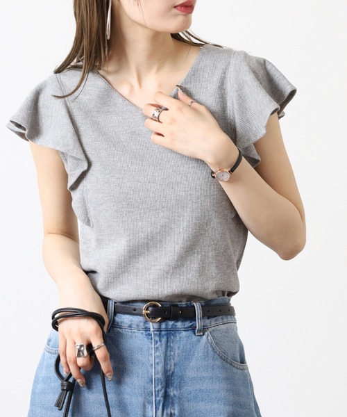 atONE(アットワン)の「フレアーフレンチスリーブTシャツ(Tシャツ/カットソー・レディース・ホワイト/ブラック/チャコールグレー/杢グレー・M/LL/3L/4L/L)」の4枚目の写真
