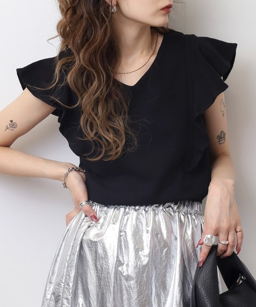atONE(アットワン)の「フレアーフレンチスリーブTシャツ(Tシャツ/カットソー・レディース・ホワイト/ブラック/チャコールグレー/杢グレー・M/LL/3L/4L/L)」の20枚目の写真