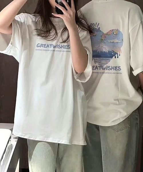 gossip!ロサンゼルス(ゴシップロサンゼルス)の「背面ハート富士山プリント オーバーサイズ半袖 T シャツ ユニセックス カップルコーデ レディース メンズ 夏トップス(Tシャツ/カットソー・レディース・ホワイト/ブラック・S/L/M/XL)」の13枚目の写真