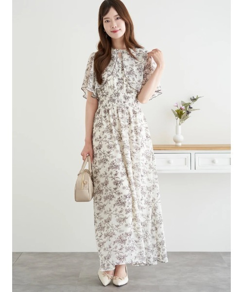 ☆TADASHI SHOJI 花柄シフォンケープカクテルワンピース☆ ☆TADASHI SHOJI 花柄シフォンケープカクテルワンピース