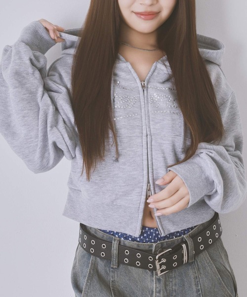 キラ盛れラインストーン☆彡Wジップショートパーカー/ラインストーン
