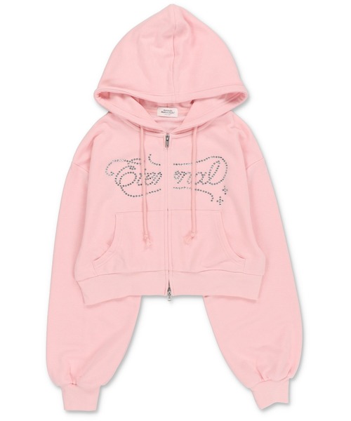 裏毛ショート丈ジップパーカー/ラインストーン筆記体ロゴ