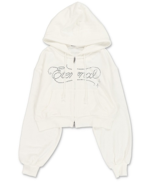 SPINNS（スピンズ）の「キラ盛れラインストーン☆彡Wジップショートパーカー/ラインストーン筆記体ロゴ（パーカー・レディース・ブラック/ピンク/杢グレー/オフホワイト・ONESIZE）」の5枚目の写真