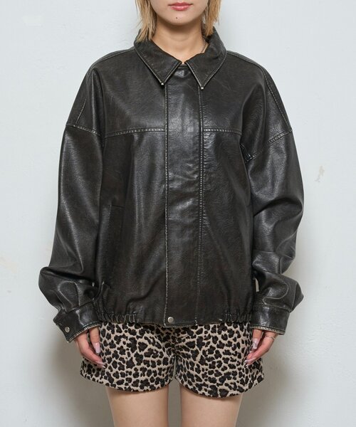 セール】ステンカラーヴィンテージライクレザーブルゾン