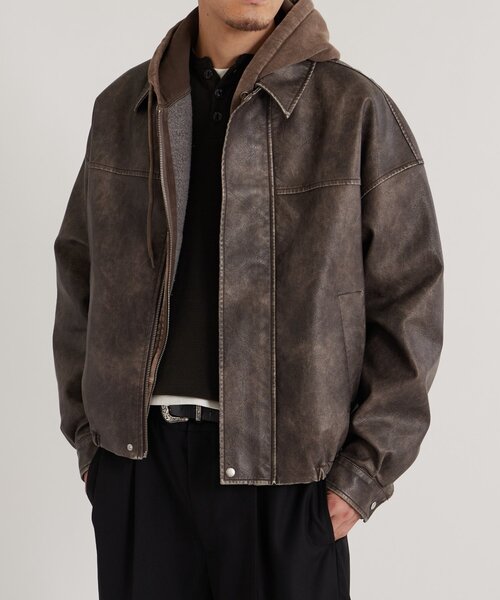 セール】ステンカラーヴィンテージライクレザーブルゾン（ブルゾン