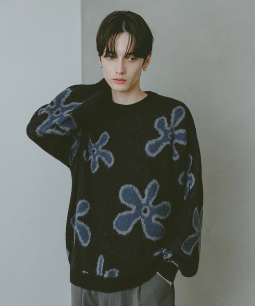 herneon MOLLY / EVENING ニット　ブルー&ブラック Mohair Blend Shaggy Knit / モヘヤブレンド総柄ニット（ニット