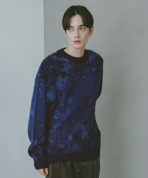 【新品】レザレクション　ニット　ブルー　メンズ　Ｍサイズ Mohair Blend Shaggy Knit / モヘヤブレンド総柄ニット（ニット