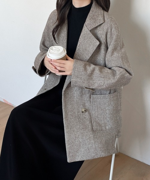 セール】ダブルボタンヘリンボーン柄テーラードジャケット（テーラード