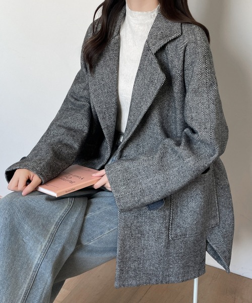 セール】ダブルボタンヘリンボーン柄テーラードジャケット（テーラード