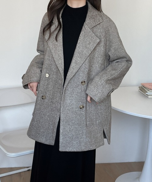 セール】ダブルボタンヘリンボーン柄テーラードジャケット（テーラード