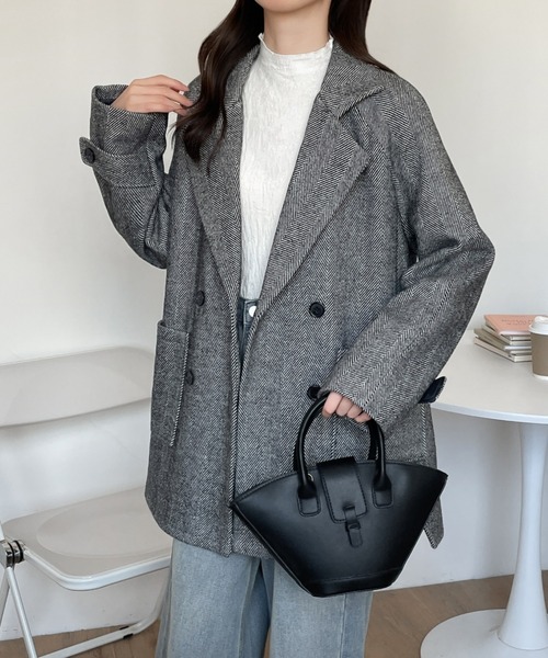 セール】ダブルボタンヘリンボーン柄テーラードジャケット(テーラード セール】ダブルボタンヘリンボーン柄テーラードジャケット(テーラード