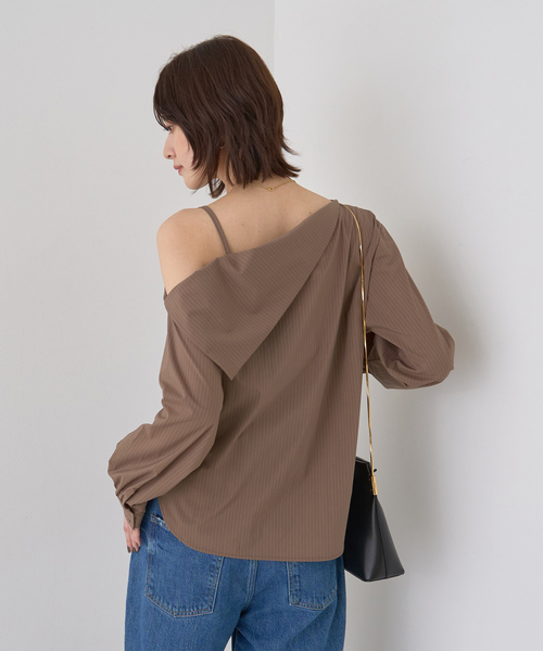 【ストライプ】【新色登場】【一部店舗限定】アシメオフショルブラウス ストライプ VIS（ビス） ブラウス シャツ 「新色追加」「防シワ」ラメミックスオフ