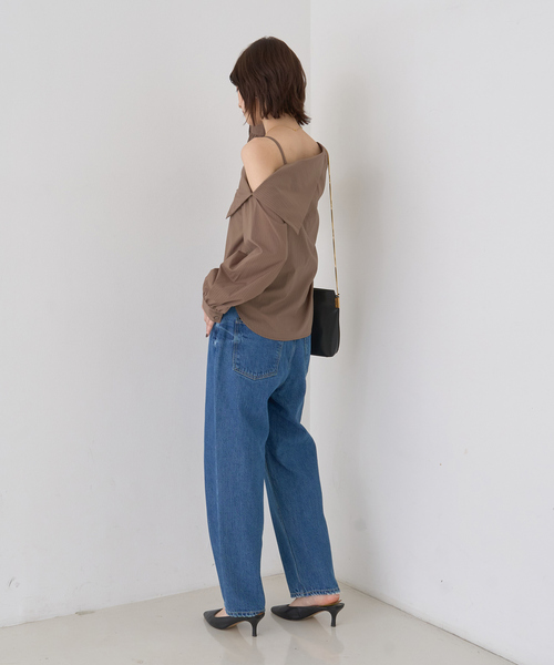 【ストライプ】【新色登場】【一部店舗限定】アシメオフショルブラウス ストライプ VIS｜【新色追加】【防シワ】ラメミックスオフショルダー風ストライプ
