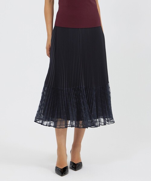 美品 EPOCA レースコンビパウダリージョーゼット プリーツスカート ネイビー セール】レースコンビパウダリージョーゼット プリーツスカート