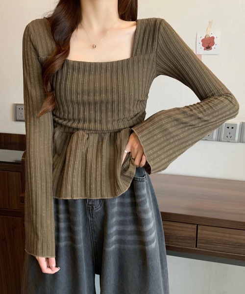 shopnikoniko（ショップニコニコ）の「ペプラムニット トップス 長袖 スクエアネック トップス（ニット/セーター・レディース・ホワイト/ブラック/ブラウン・フリー）」の3枚目の写真