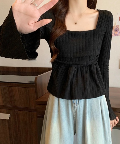 shopnikoniko（ショップニコニコ）の「ペプラムニット トップス 長袖 スクエアネック トップス（ニット/セーター・レディース・ホワイト/ブラック/ブラウン・フリー）」の5枚目の写真