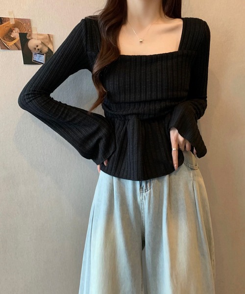 shopnikoniko（ショップニコニコ）の「ペプラムニット トップス 長袖 スクエアネック トップス（ニット/セーター・レディース・ホワイト/ブラック/ブラウン・フリー）」の6枚目の写真
