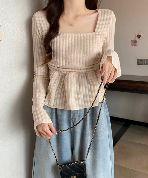 shopnikoniko（ショップニコニコ）の「ペプラムニット トップス 長袖 スクエアネック トップス（ニット/セーター・レディース・ホワイト/ブラック/ブラウン・フリー）」の7枚目の写真