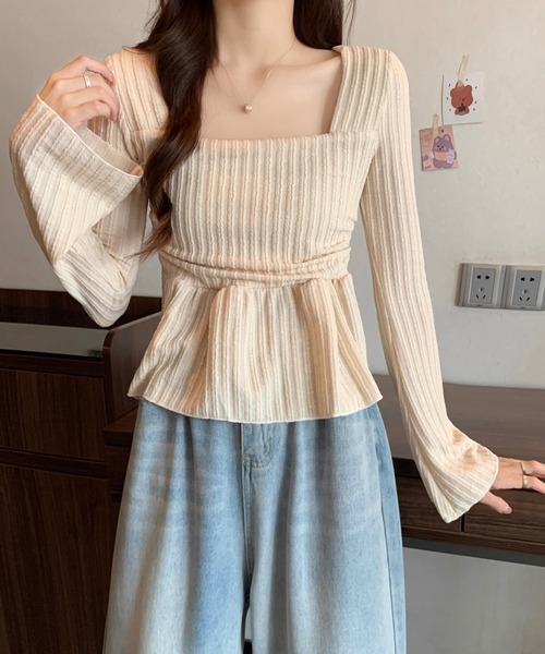 shopnikoniko（ショップニコニコ）の「ペプラムニット トップス 長袖 スクエアネック トップス（ニット/セーター・レディース・ホワイト/ブラック/ブラウン・フリー）」の8枚目の写真