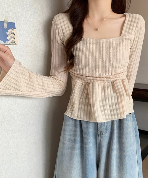 shopnikoniko（ショップニコニコ）の「ペプラムニット トップス 長袖 スクエアネック トップス（ニット/セーター・レディース・ホワイト/ブラック/ブラウン・フリー）」の9枚目の写真