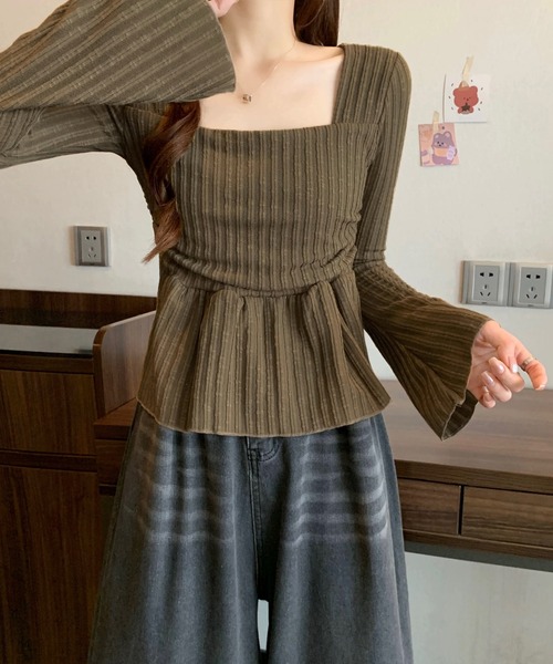 shopnikoniko（ショップニコニコ）の「ペプラムニット トップス 長袖 スクエアネック トップス（ニット/セーター・レディース・ホワイト/ブラック/ブラウン・フリー）」の11枚目の写真