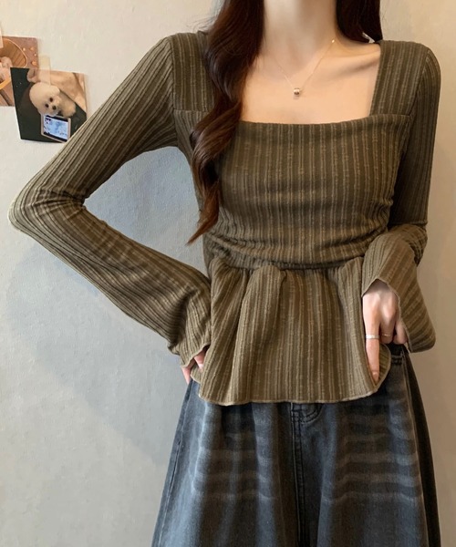 shopnikoniko（ショップニコニコ）の「ペプラムニット トップス 長袖 スクエアネック トップス（ニット/セーター・レディース・ホワイト/ブラック/ブラウン・フリー）」の12枚目の写真