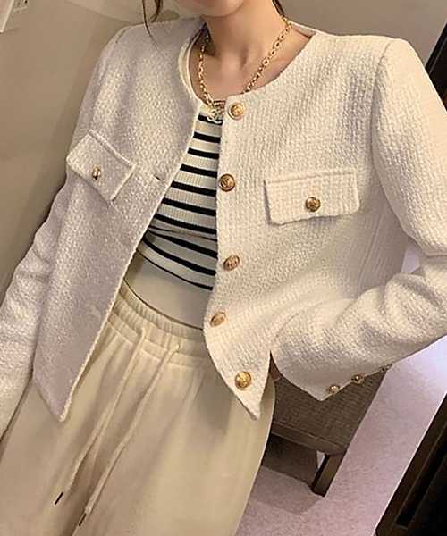Asterellivi(アステレリビ)の「ノーカラー ツイード ジャケット(ノーカラージャケット・レディース・ホワイト/ブラック・M/L)」の1枚目の写真