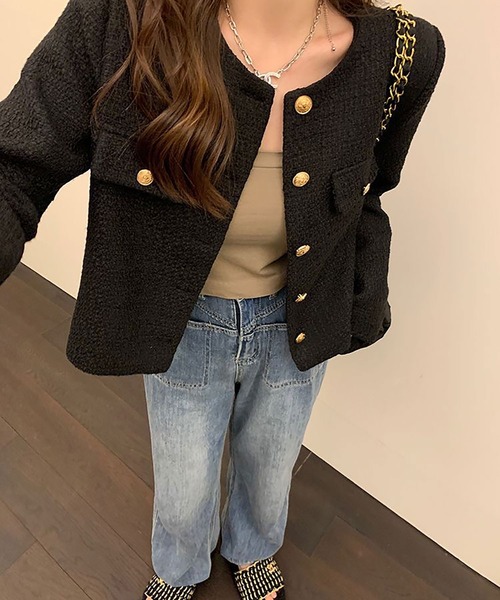Asterellivi(アステレリビ)の「ノーカラー ツイード ジャケット(ノーカラージャケット・レディース・ホワイト/ブラック・M/L)」の2枚目の写真