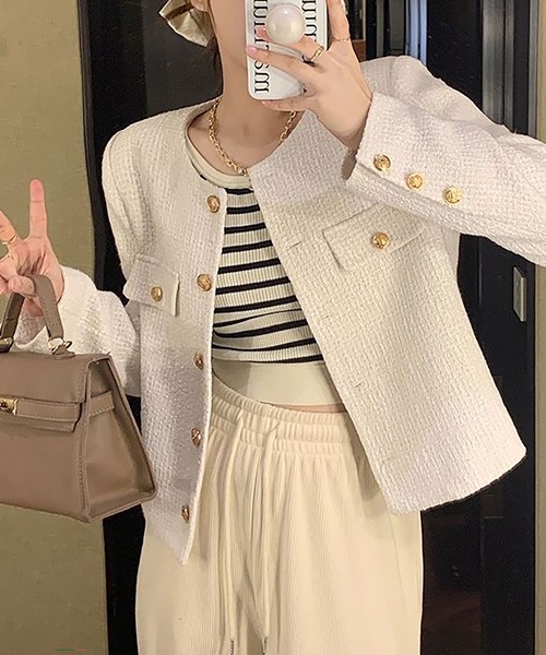 Asterellivi(アステレリビ)の「ノーカラー ツイード ジャケット(ノーカラージャケット・レディース・ホワイト/ブラック・M/L)」の5枚目の写真