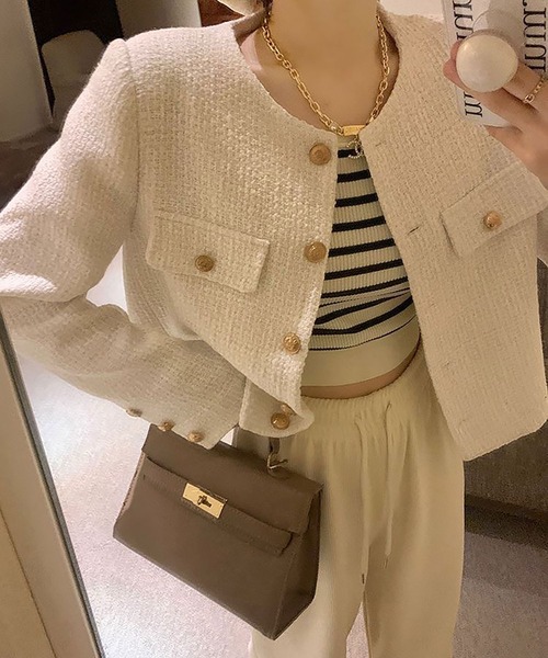 Asterellivi(アステレリビ)の「ノーカラー ツイード ジャケット(ノーカラージャケット・レディース・ホワイト/ブラック・M/L)」の8枚目の写真