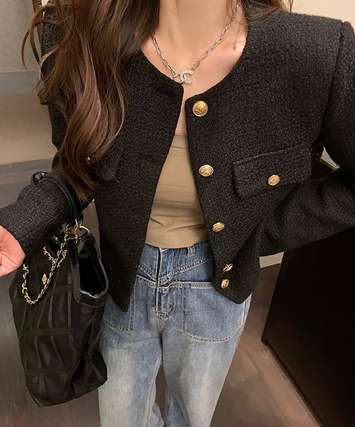Asterellivi(アステレリビ)の「ノーカラー ツイード ジャケット(ノーカラージャケット・レディース・ホワイト/ブラック・M/L)」の11枚目の写真