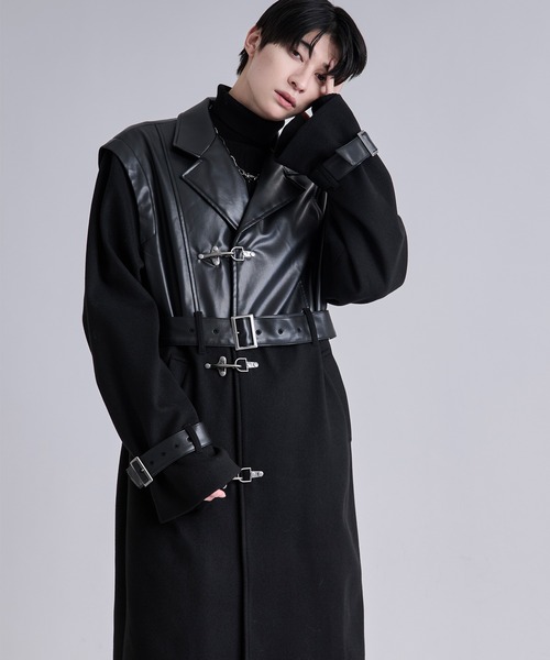 【ハロウィンセール】AMERI 黒のロングトレンチコート ファイヤーフックキリカエロングコート/UNISEX（トレンチコート