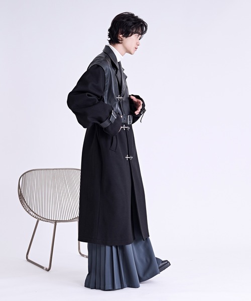 ロングコート　デザイン古着 ウールミックスオーバーサイズ2wayハイネックメルトンロングコート