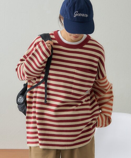 GEVACO(ゲバコ)の「【ユニセックス】【GEVACO】ボーダーニットプルオーバー(ニット/セーター・メンズ・レッド/チャコールグレー・MEDIUM/LARGE)」の11枚目の写真