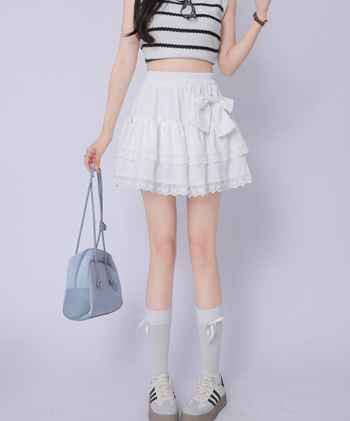 Mejoul(メジュール)の「【2026春夏新作】【インパン付き】リボンフリルティアードフレアミニスカート(スカート・レディース・ホワイト/ブラック・M/L)」の1枚目の写真