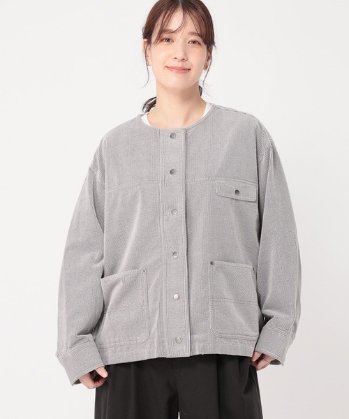 studio CLIP(スタディオクリップ)の「先染めコーデュロイジャケット(ノーカラージャケット・レディース・グレー/サックスブルー/ライトグレー・FREE)」の1枚目の写真