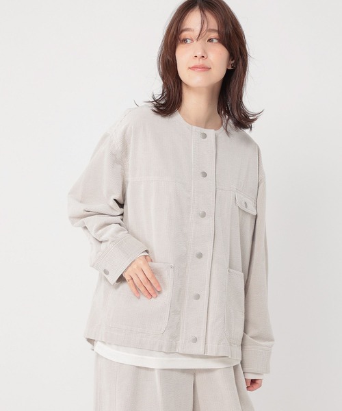 studio CLIP(スタディオクリップ)の「先染めコーデュロイジャケット(ノーカラージャケット・レディース・グレー/サックスブルー/ライトグレー・FREE)」の5枚目の写真