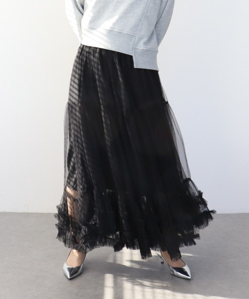 Three Four Time（ｽﾘｰﾌｫｰﾀｲﾑ）の「裾ランダムフリルチュールスカート（スカート・レディース・オフホワイト/ブラック・FREE）」の13枚目の写真