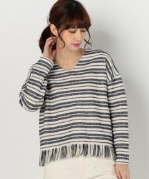 Another Edition | ボーダーフリンジトップス/AEBC C/BORDフリンジ◆(Tシャツ/カットソー)