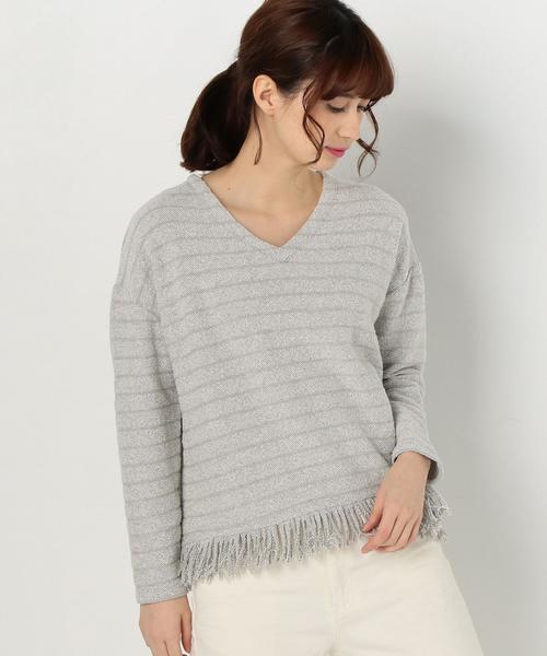 Another Edition（アナザーエディション）の「ボーダーフリンジトップス/AEBC C/BORDフリンジ◆（Tシャツ/カットソー・レディース・オフホワイト/ライトグレー・FREE）」の2枚目の写真