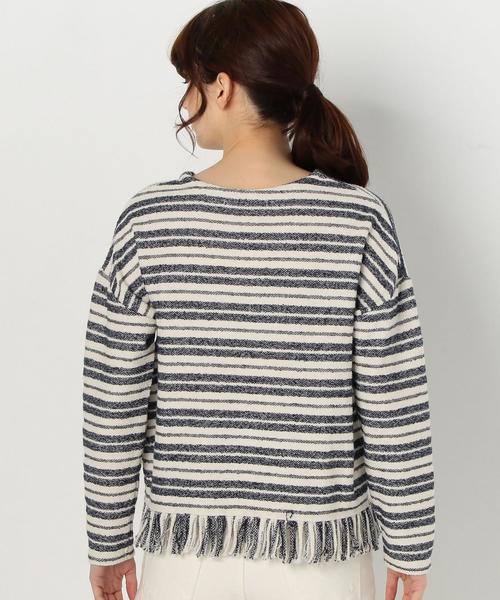 Another Edition（アナザーエディション）の「ボーダーフリンジトップス/AEBC C/BORDフリンジ◆（Tシャツ/カットソー・レディース・オフホワイト/ライトグレー・FREE）」の3枚目の写真