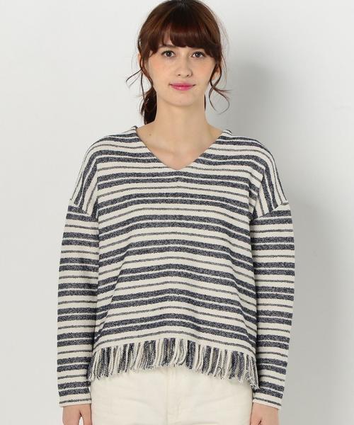 Another Edition（アナザーエディション）の「ボーダーフリンジトップス/AEBC C/BORDフリンジ◆（Tシャツ/カットソー・レディース・オフホワイト/ライトグレー・FREE）」の4枚目の写真