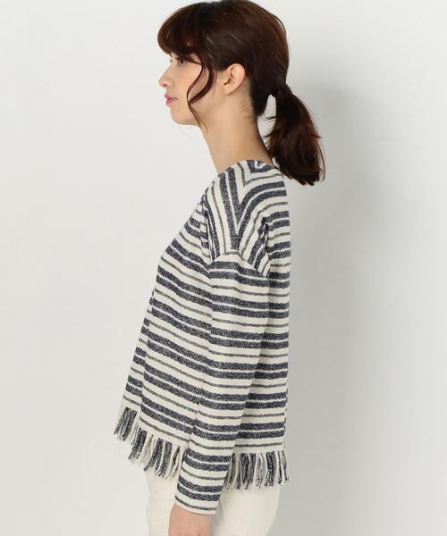 Another Edition（アナザーエディション）の「ボーダーフリンジトップス/AEBC C/BORDフリンジ◆（Tシャツ/カットソー・レディース・オフホワイト/ライトグレー・FREE）」の5枚目の写真